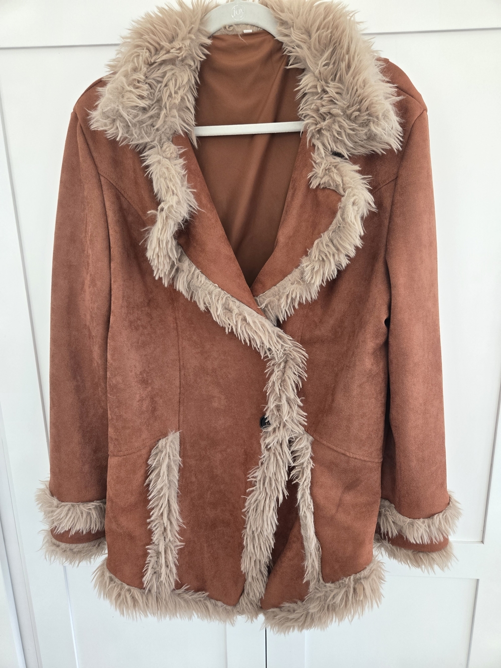 Women’s Faux Suede Rust Jacket with Cream Faux Fur Trim